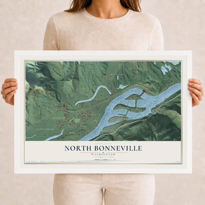 Map of North Bonneville, Washington, 12 x 18 inch print in a white wood frame