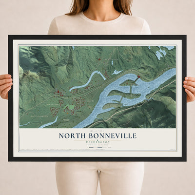 Map of North Bonneville, Washington, 18 x 24 inch print in a black wood frame