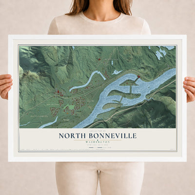 Map of North Bonneville, Washington, 18 x 24 inch print in a white wood frame