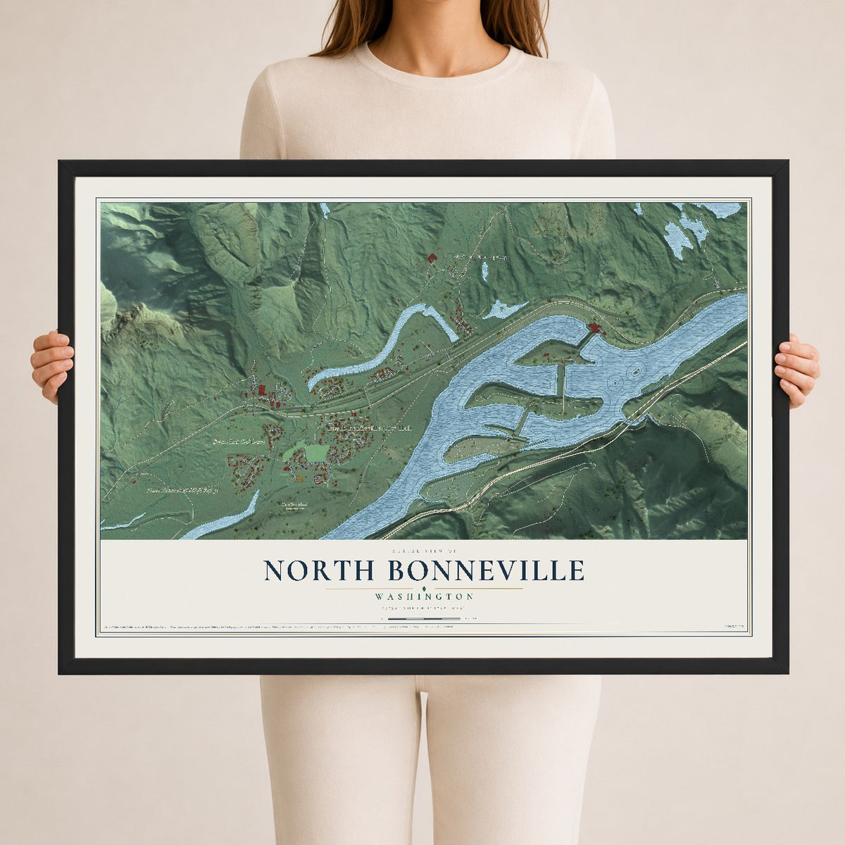 Map of North Bonneville, Washington, 24 x 36 inch print in a black wood frame