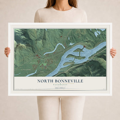 Map of North Bonneville, Washington, 24 x 36 inch print in a white wood frame