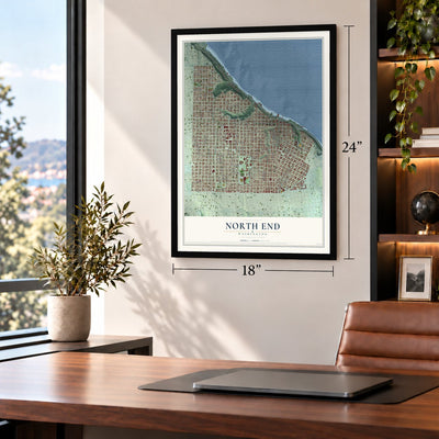 North End, Washington map, 18 x 24 inch print in a black frame in a home office