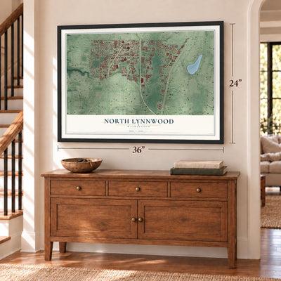 North Lynnwood, Washington map, 24 x 36 inch print in a black frame above a dresser by a staircase