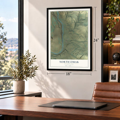 North Omak, Washington map, 18 x 24 inch print in a black frame in a home office