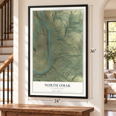 North Omak, Washington map, 24 x 36 inch print in a black frame by a staircase