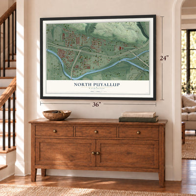 North Puyallup, Washington map, 24 x 36 inch print in a black frame above a dresser by a staircase