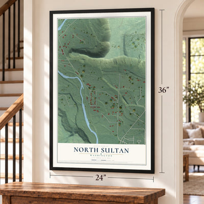 North Sultan, Washington map, 24 x 36 inch print in a black frame by a staircase