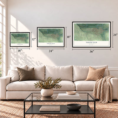 North Yelm, Washington map in 12 x 18, 18 x 24 and 24 x 36 inch sizes above a sofa
