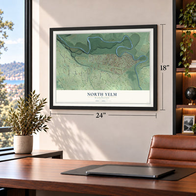 North Yelm, Washington map, 18 x 24 inch print in a black frame in a home office