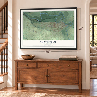 North Yelm, Washington map, 24 x 36 inch print in a black frame above a dresser by a staircase