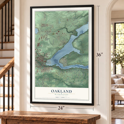 Oakland, Washington map, 24 x 36 inch print in a black frame by a staircase