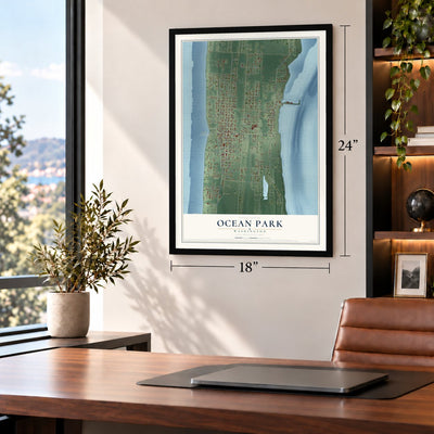 Ocean Park, Washington map, 18 x 24 inch print in a black frame in a home office