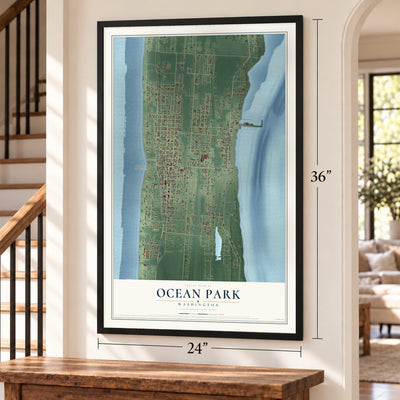 Ocean Park, Washington map, 24 x 36 inch print in a black frame by a staircase