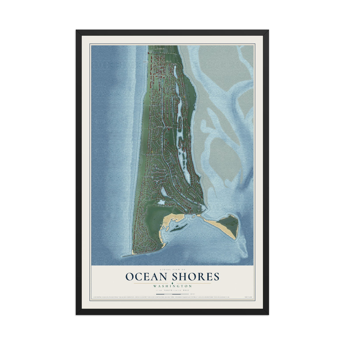 Map of Ocean Shores, Washington, 12 x 18 inch print in a black wood frame