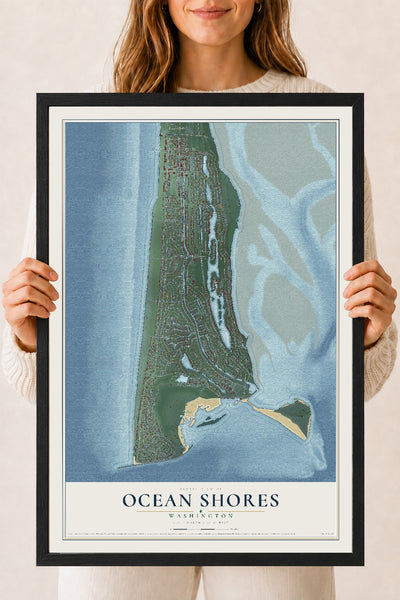 Map of Ocean Shores, Washington, 18 x 24 inch print in a black wood frame