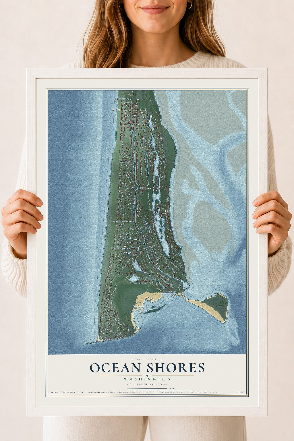 Map of Ocean Shores, Washington, 18 x 24 inch print in a white wood frame