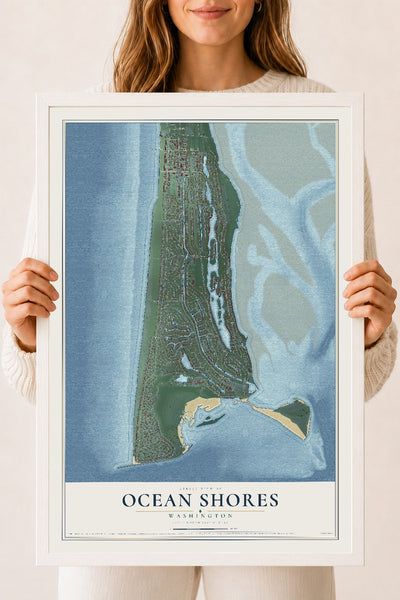 Map of Ocean Shores, Washington, 18 x 24 inch print in a white wood frame