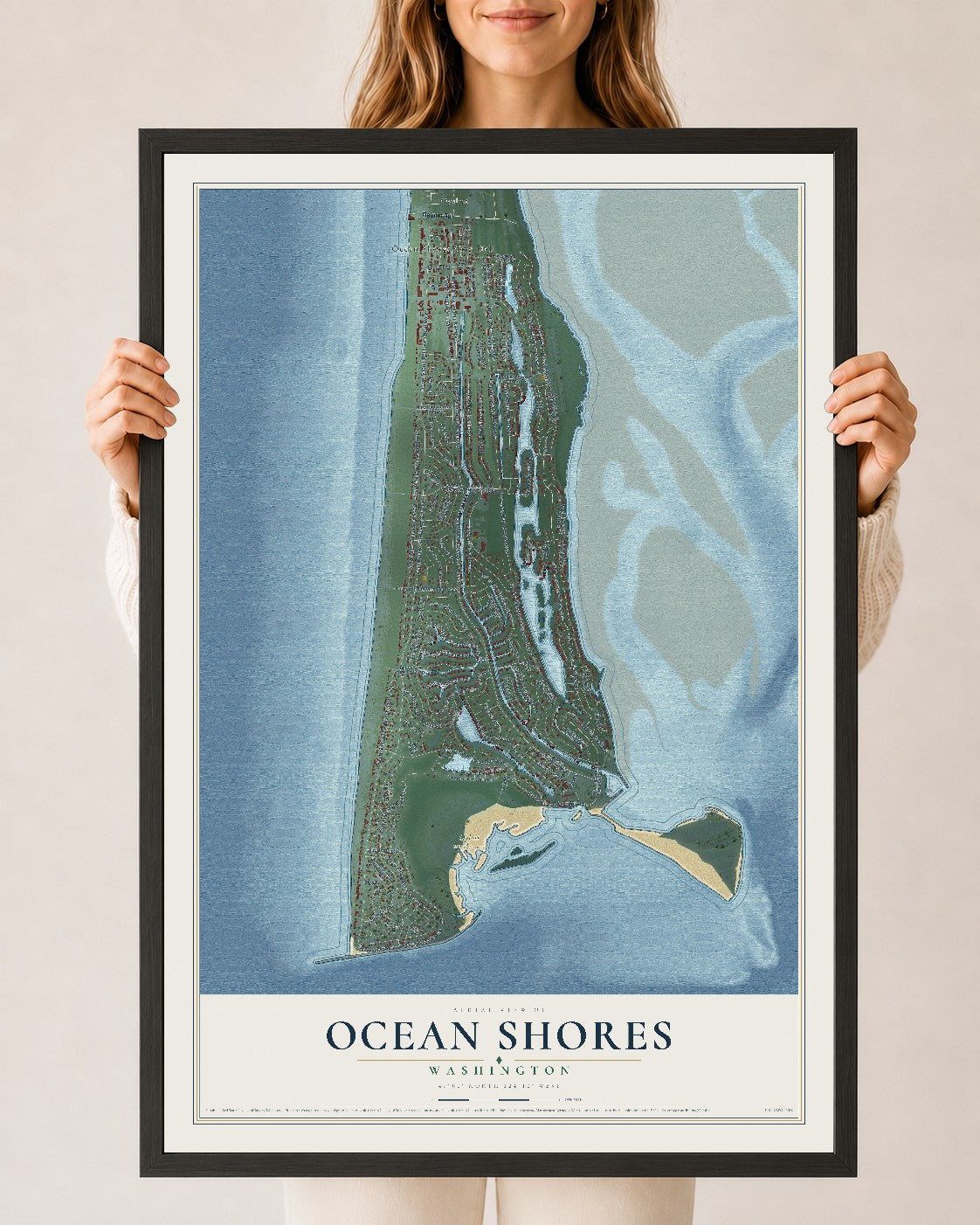 Map of Ocean Shores, Washington, 24 x 36 inch print in a black wood frame