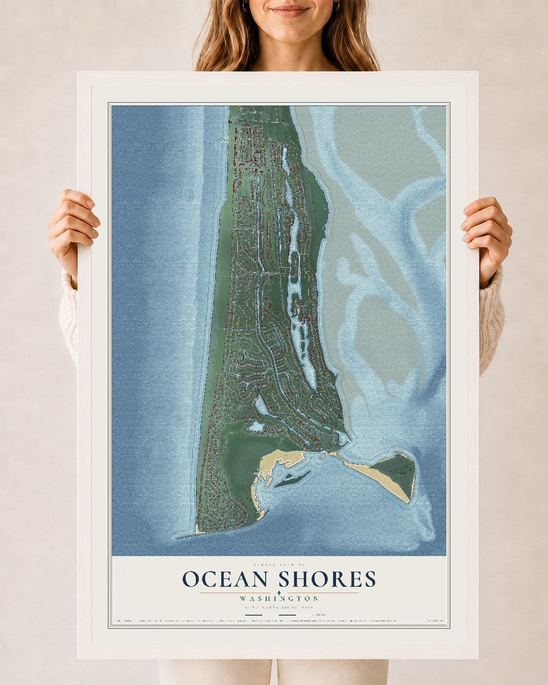Map of Ocean Shores, Washington, 24 x 36 inch print in a white wood frame