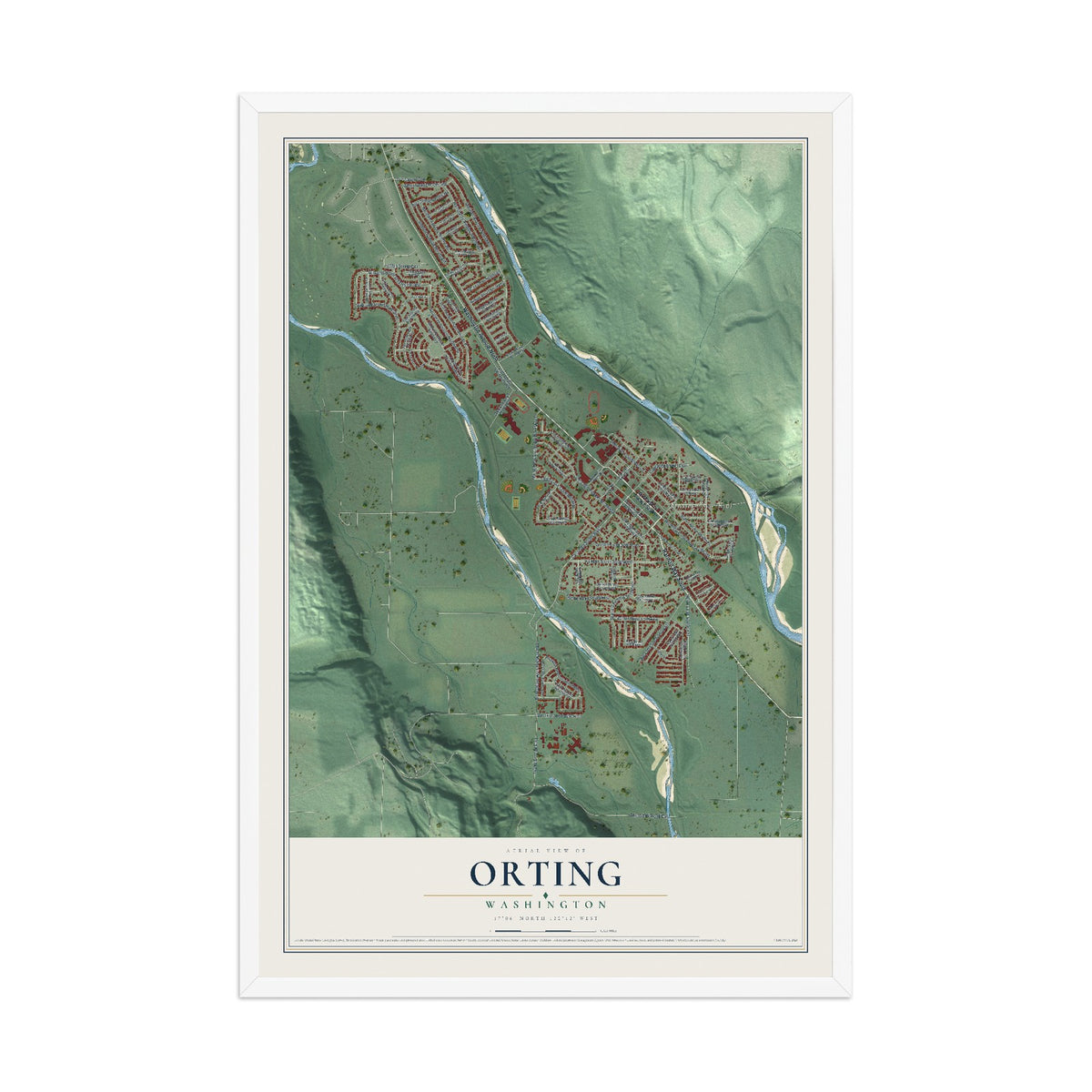 Map of Orting, Washington, 12 x 18 inch print in a white wood frame
