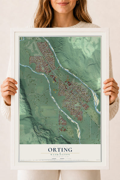 Map of Orting, Washington, 18 x 24 inch print in a white wood frame