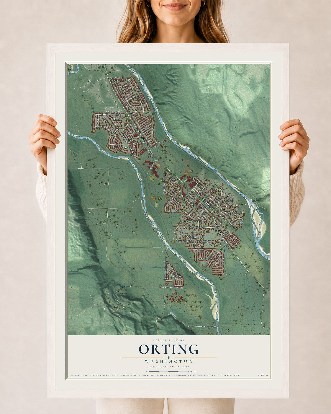 Map of Orting, Washington, 24 x 36 inch print in a white wood frame