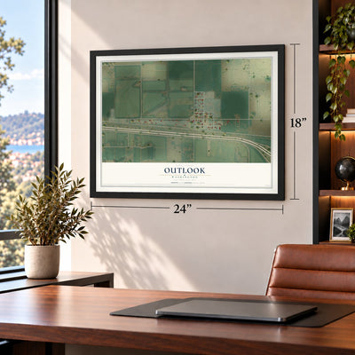 Outlook, Washington map, 18 x 24 inch print in a black frame in a home office