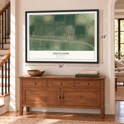 Outlook, Washington map, 24 x 36 inch print in a black frame above a dresser by a staircase