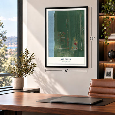 Oyehut, Washington map, 18 x 24 inch print in a black frame in a home office