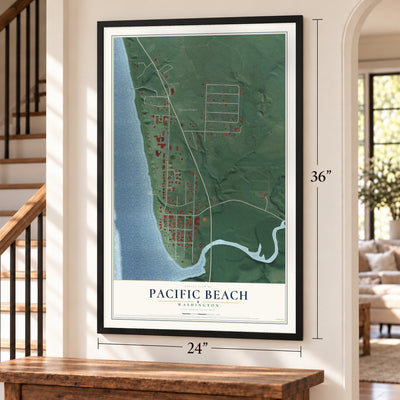 Pacific Beach, Washington map, 24 x 36 inch print in a black frame by a staircase