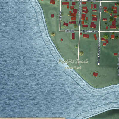 Close-up of the map of Pacific Beach, Washington print showing street and building detail