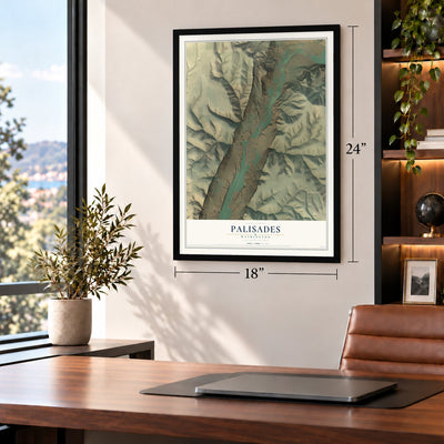 Palisades, Washington map, 18 x 24 inch print in a black frame in a home office