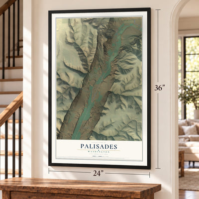 Palisades, Washington map, 24 x 36 inch print in a black frame by a staircase