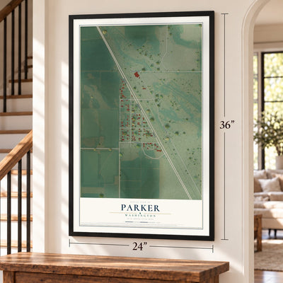 Parker, Washington map, 24 x 36 inch print in a black frame by a staircase
