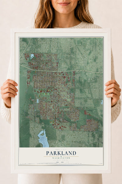 Map of Parkland, Washington, 18 x 24 inch print in a white wood frame