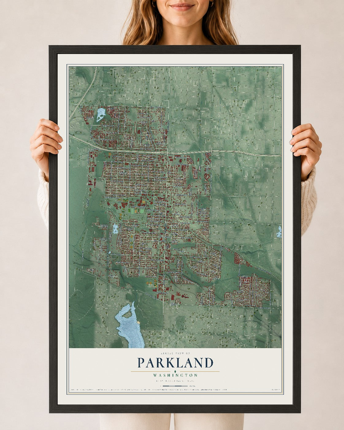 Map of Parkland, Washington, 24 x 36 inch print in a black wood frame