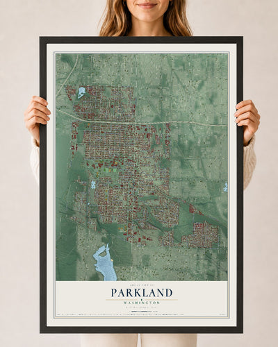 Map of Parkland, Washington, 24 x 36 inch print in a black wood frame
