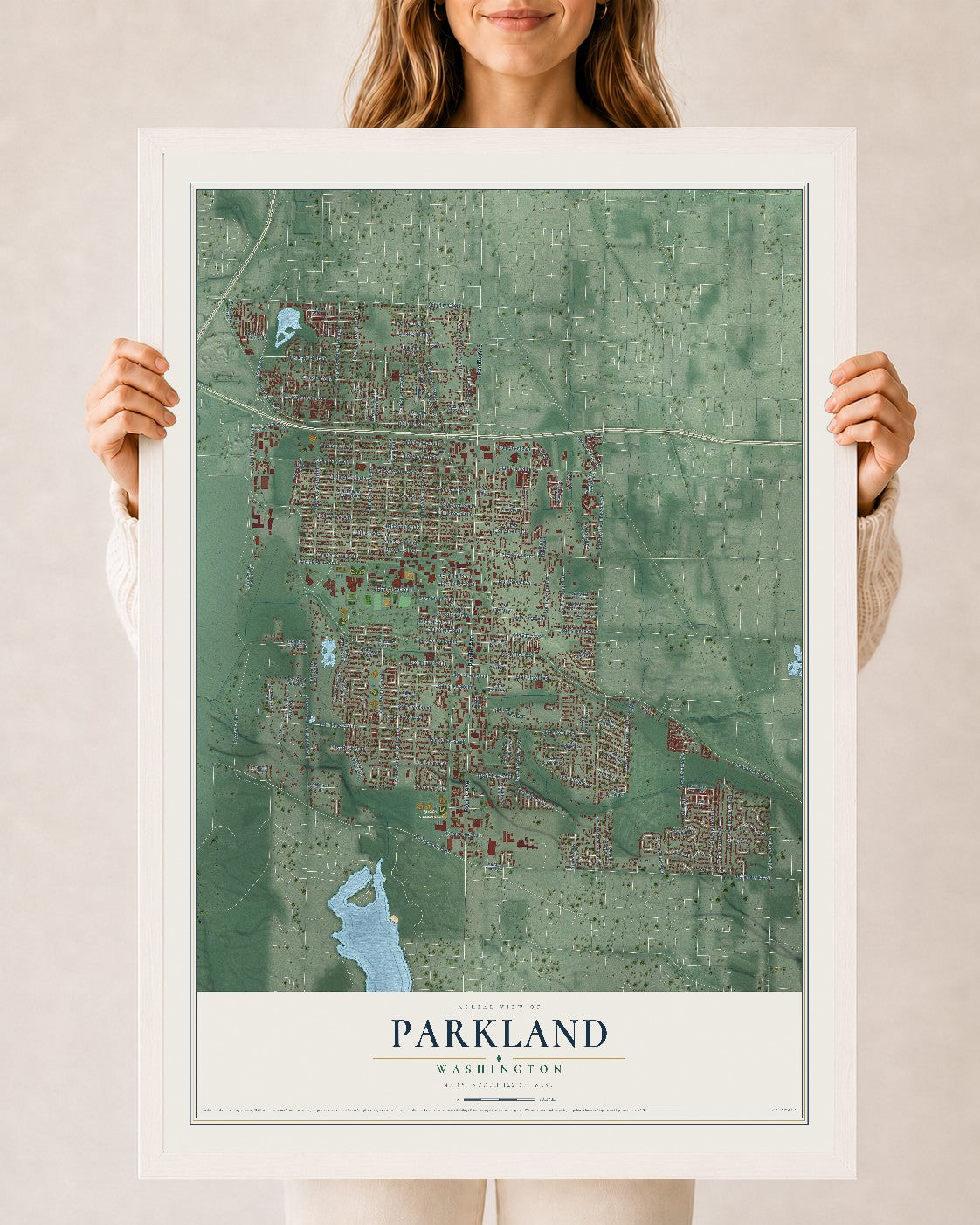 Map of Parkland, Washington, 24 x 36 inch print in a white wood frame
