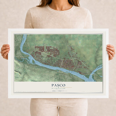 Map of Pasco, Washington, 12 x 18 inch print in a white wood frame