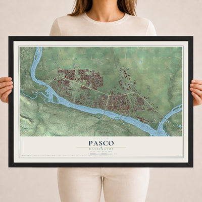 Map of Pasco, Washington, 18 x 24 inch print in a black wood frame