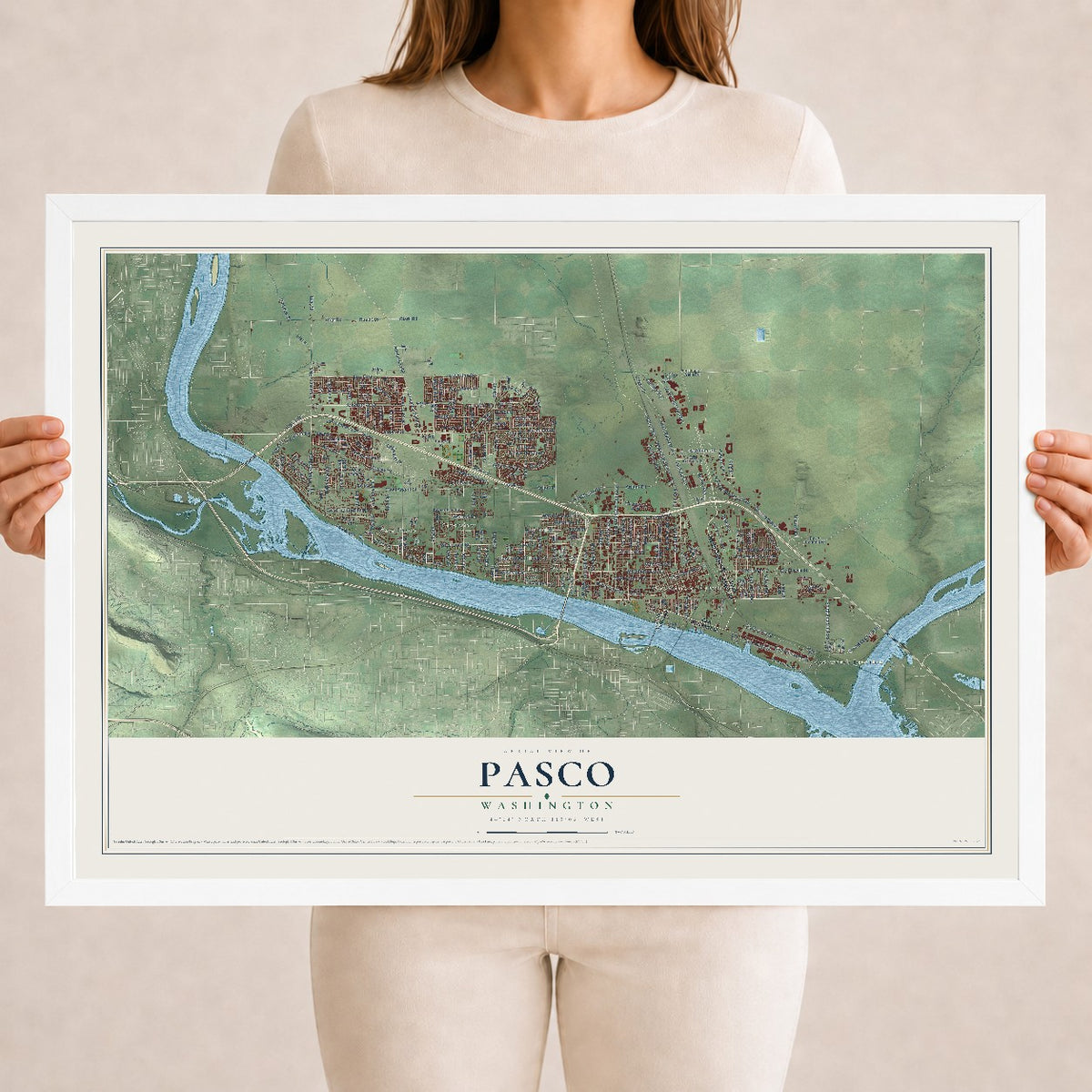 Map of Pasco, Washington, 18 x 24 inch print in a white wood frame
