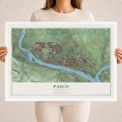 Map of Pasco, Washington, 18 x 24 inch print in a white wood frame