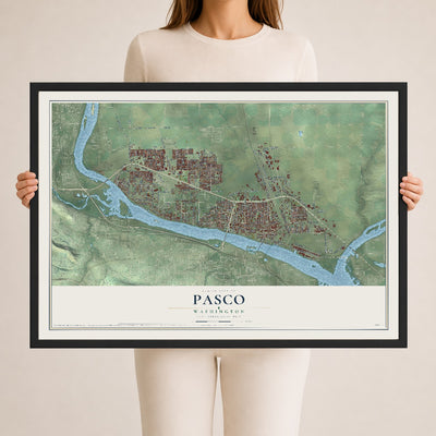Map of Pasco, Washington, 24 x 36 inch print in a black wood frame