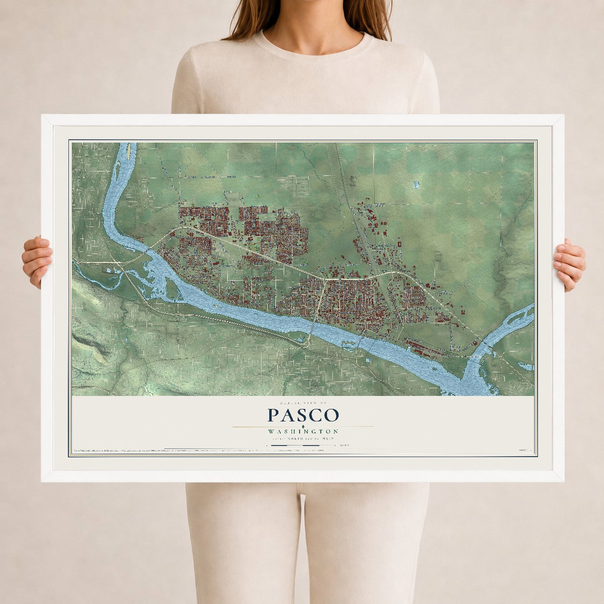 Map of Pasco, Washington, 24 x 36 inch print in a white wood frame