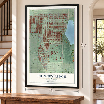 Phinney Ridge, Washington map, 24 x 36 inch print in a black frame by a staircase