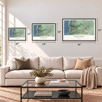 Picnic Point, Washington map in 12 x 18, 18 x 24 and 24 x 36 inch sizes above a sofa