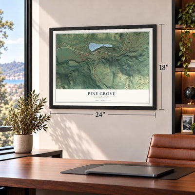 Pine Grove, Washington map, 18 x 24 inch print in a black frame in a home office