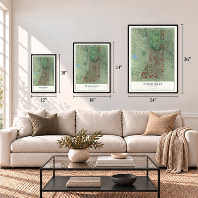 Pinehurst, Washington map in 12 x 18, 18 x 24 and 24 x 36 inch sizes above a sofa