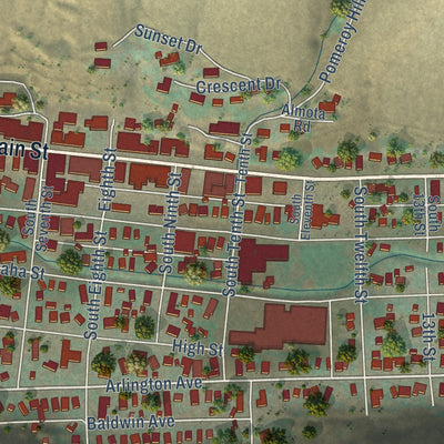 Close-up of the map of Pomeroy, Washington print showing street and building detail