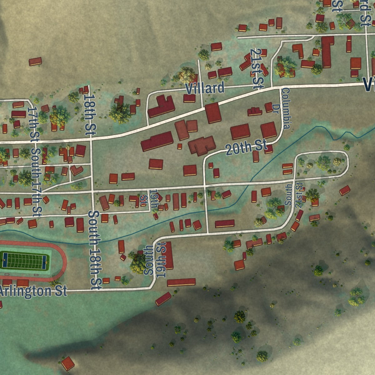 Second close-up of the map of Pomeroy, Washington print showing more streets and buildings
